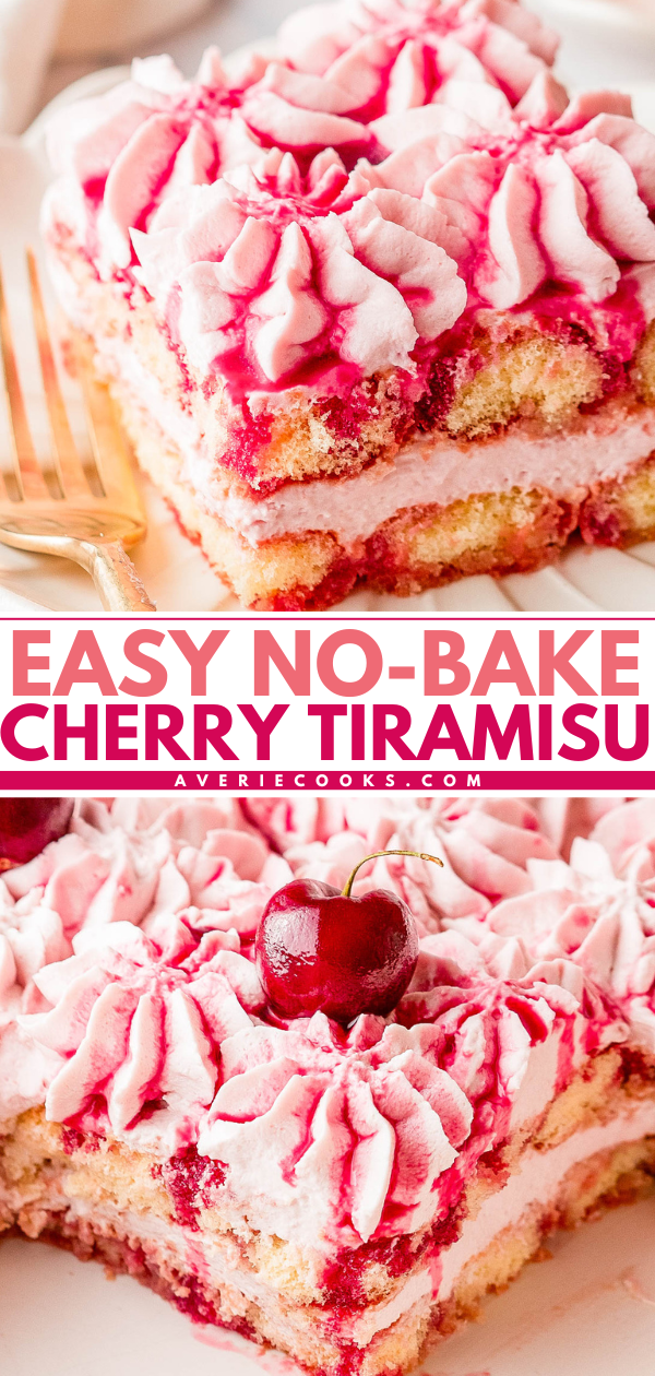 Two slices of cherry tiramisu topped with whipped cream and cherry sauce, one slice garnished with a cherry, are shown on plates with a gold fork beside them.