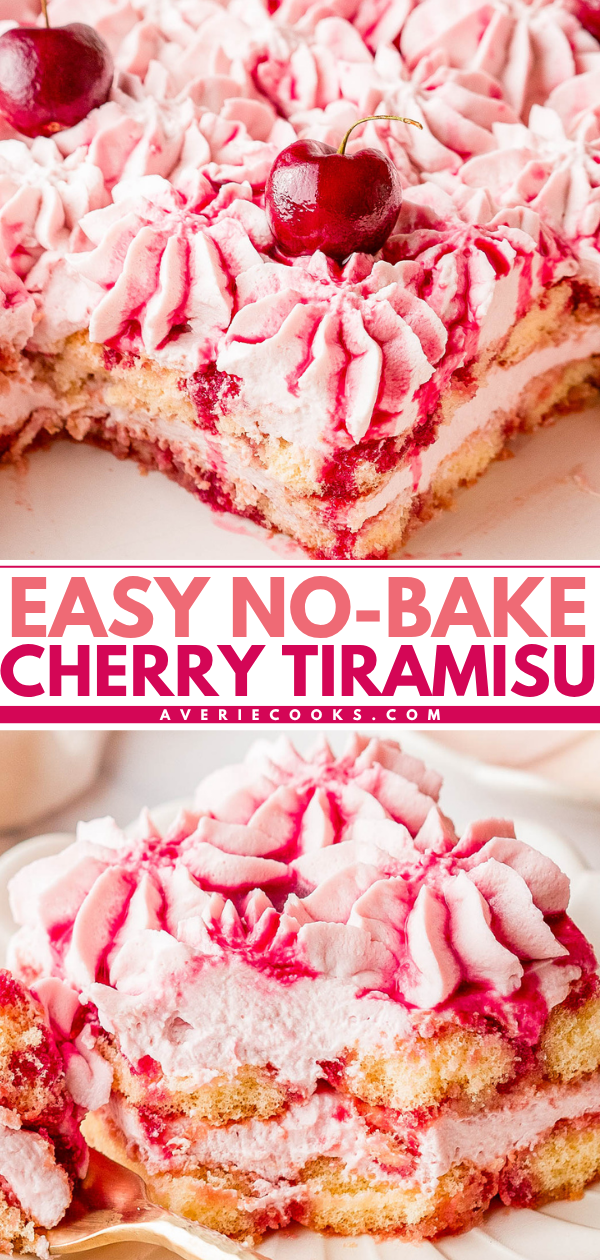 A square slice of no-bake cherry tiramisu topped with pink whipped cream and a cherry, with layers of cream and cherry filling visible.