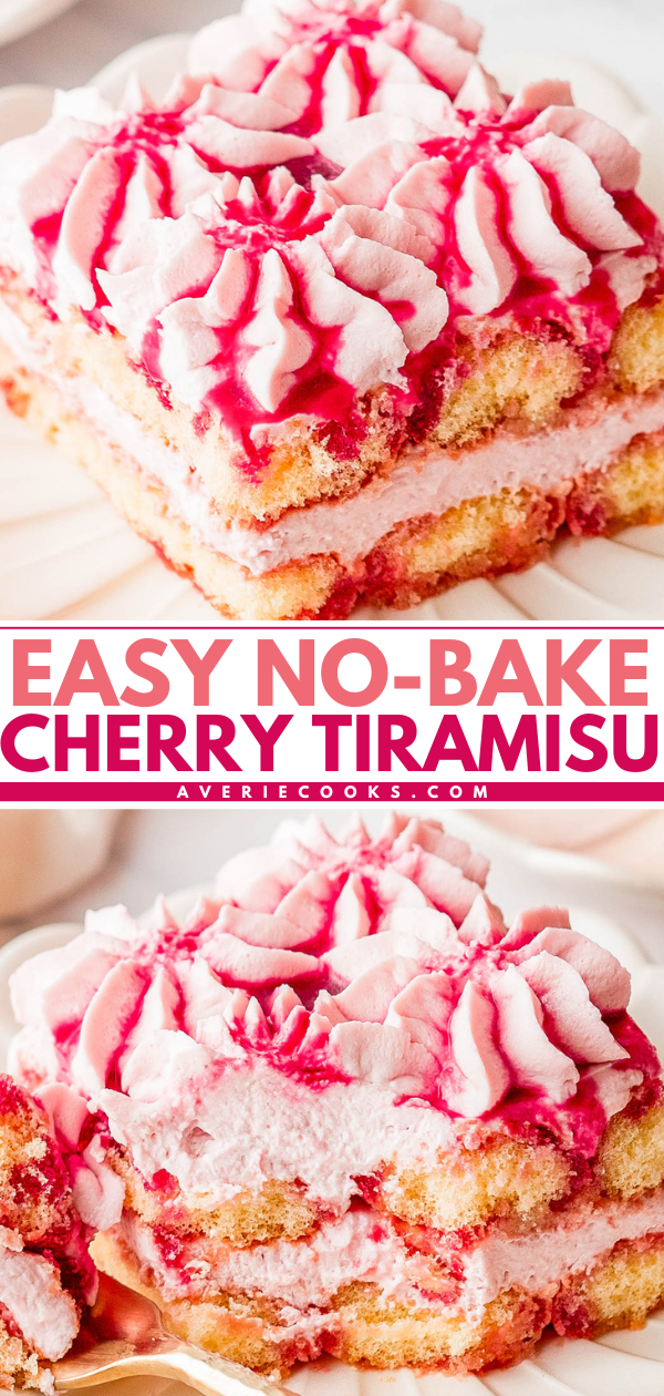 Two slices of cherry tiramisu with pink and white cream, cherry sauce, and ladyfinger layers; text reads "Easy No-Bake Cherry Tiramisu.