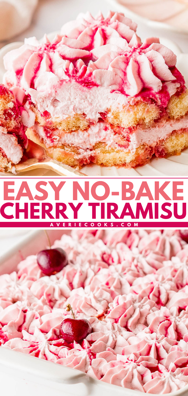 A close-up of a no-bake cherry tiramisu dessert with whipped pink topping, cherry drizzle, and whole cherries, shown both sliced and in a baking dish.