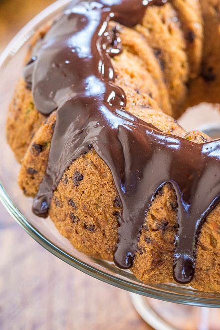 chocolate chip zucchini bundt cake on cake stand