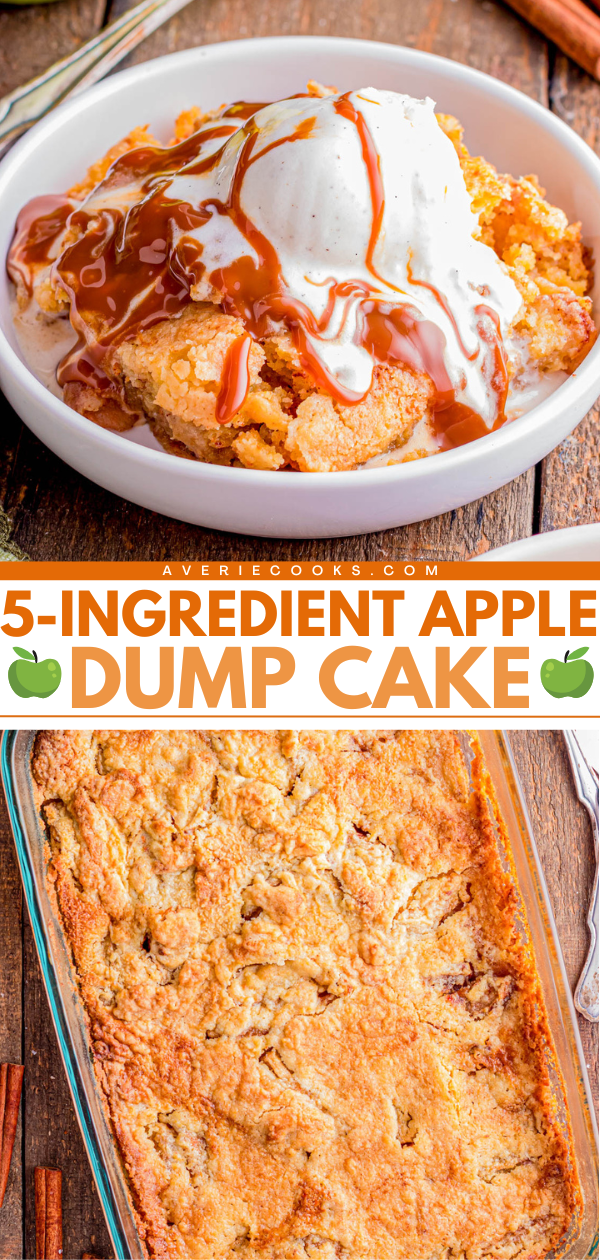 Bowl of apple dump cake with ice cream and caramel sauce, and a baking dish of freshly baked apple dump cake beside cinnamon sticks.