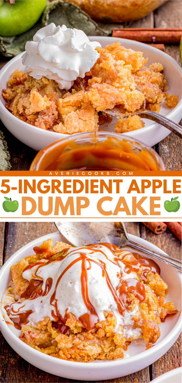 A bowl of apple dump cake topped with whipped cream and caramel sauce, shown twice. A spoon rests in each bowl, and apples and caramel are visible in the background.