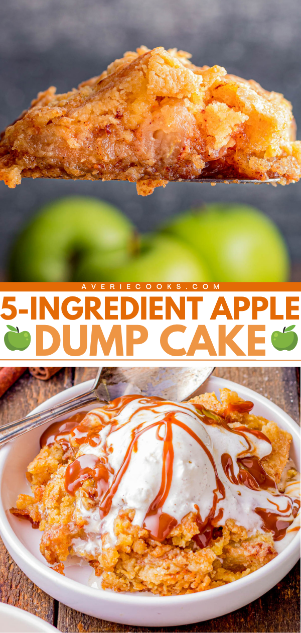 Closeup of apple dump cake slice, whole green apples, and a bowl of apple dump cake topped with whipped cream and caramel sauce, showcasing a simple 5-ingredient dessert.