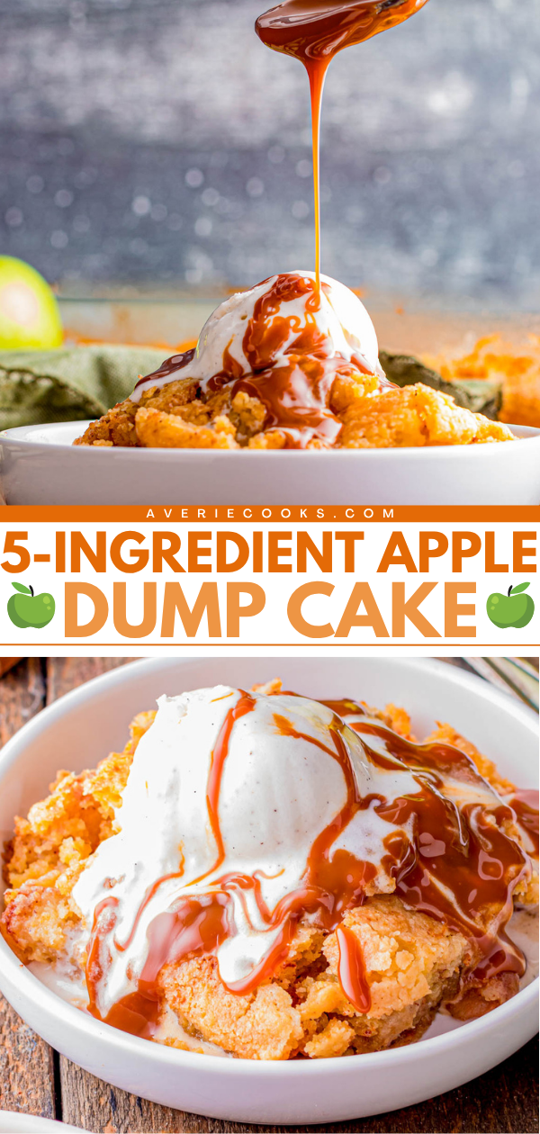 A bowl of apple dump cake topped with vanilla ice cream and caramel sauce being poured over it, with text reading “5-Ingredient Apple Dump Cake.”.