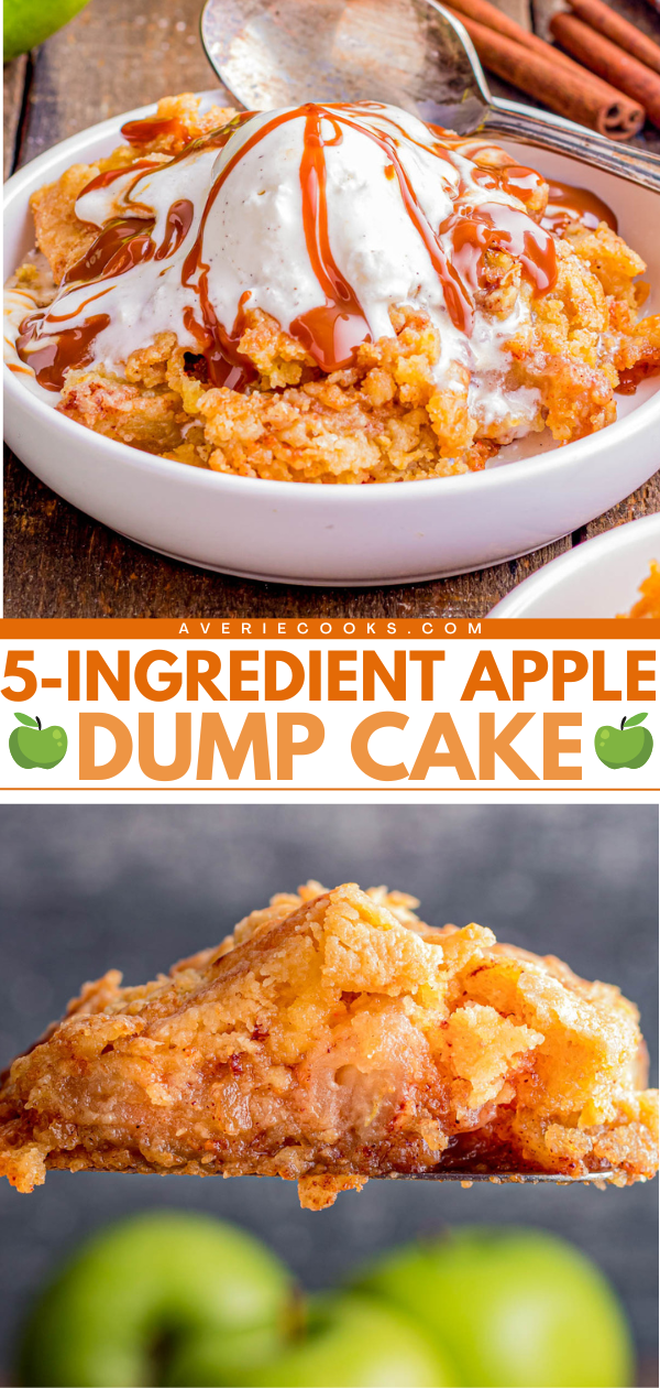 A bowl of apple dump cake with ice cream and caramel, a closeup of the dessert, and text reading “5-Ingredient Apple Dump Cake” with green apple icons.