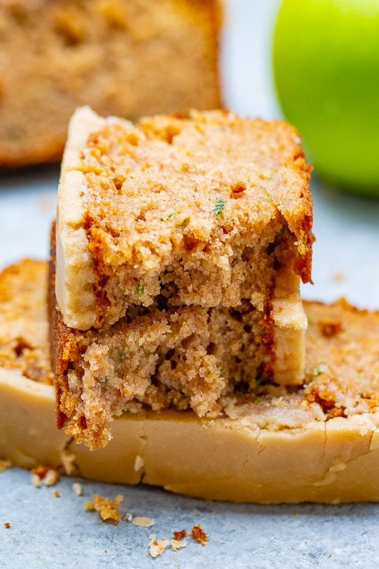 Apple Zucchini Bread with Brown Sugar Frosting - Super soft, moist, and topped with the BEST frosting ever!! One bowl, no mixer, EASY recipe for the best apple zucchini bread that everyone LOVES!!
