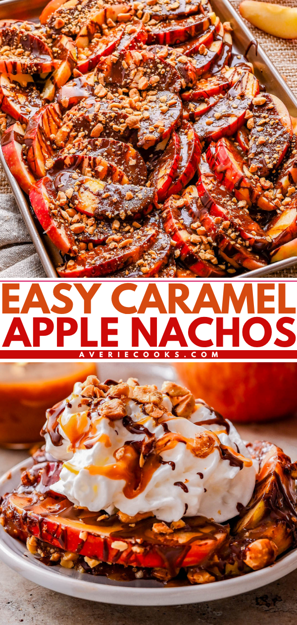Sliced apples drizzled with caramel and chocolate, topped with nuts and whipped cream, arranged in a baking dish and served on a plate.