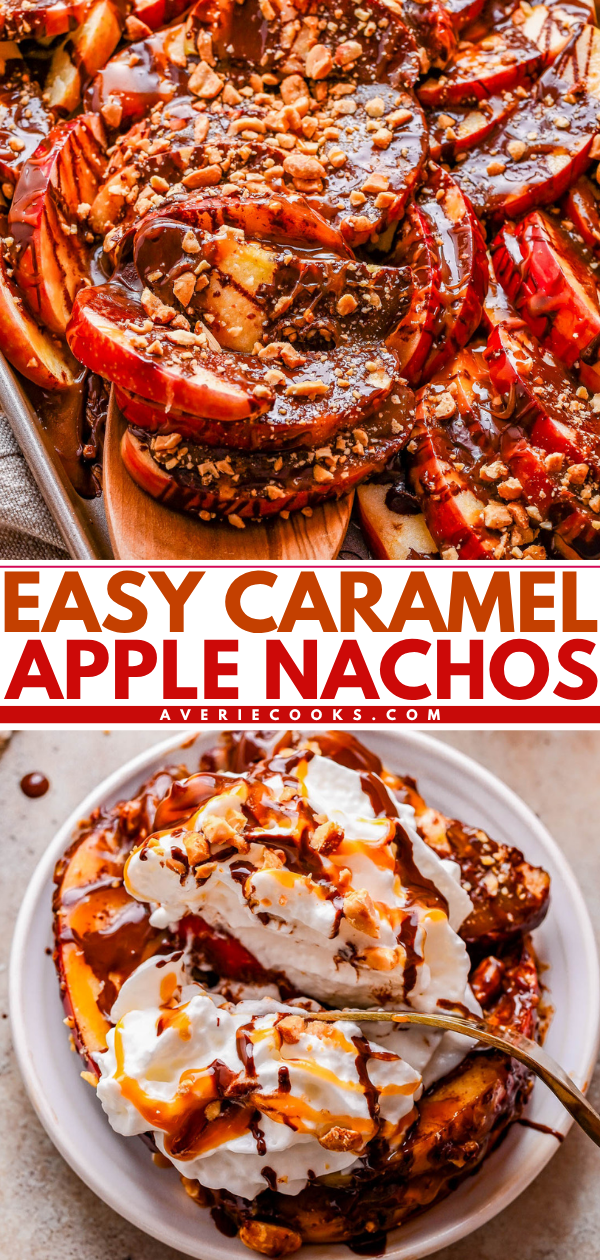 Sliced apples topped with caramel sauce, chopped nuts, and whipped cream, served on a tray and a plate.