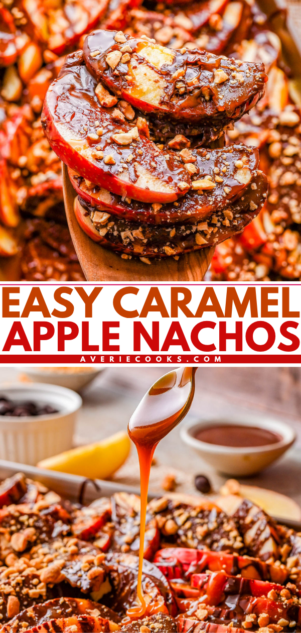 Sliced apples topped with caramel, chocolate, and chopped nuts are arranged on a platter; caramel is being drizzled over the top.