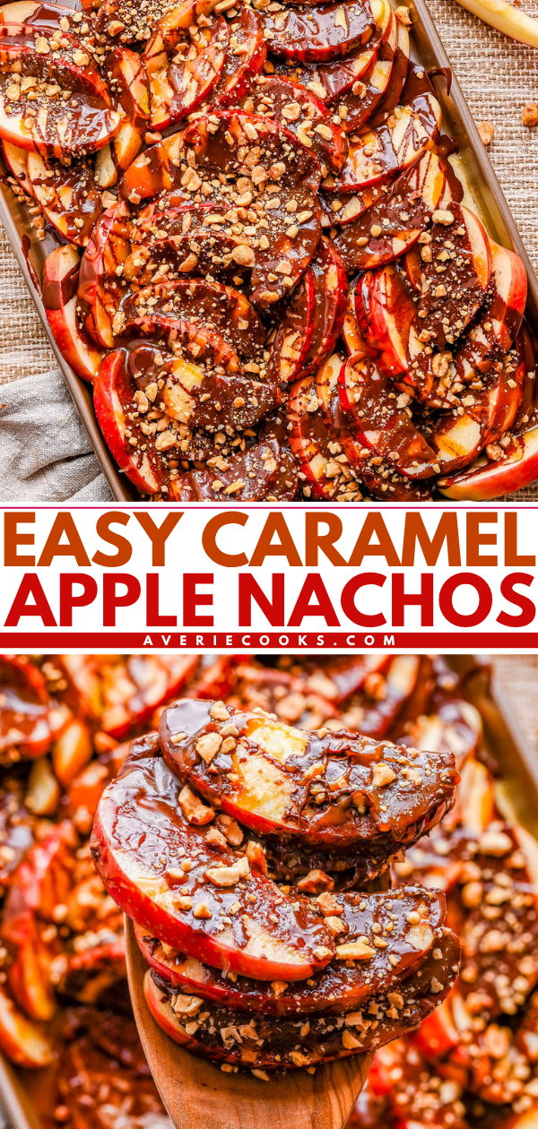 Sliced apples arranged on a tray, drizzled with caramel and chocolate sauce, and sprinkled with crushed nuts and chocolate chips.