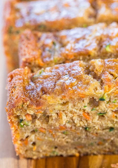 Zucchini Carrot Bread — Fast, easy, one bowl, no mixer!! Super soft, moist, and tastes so good you'll forget it's on the healthier side!!