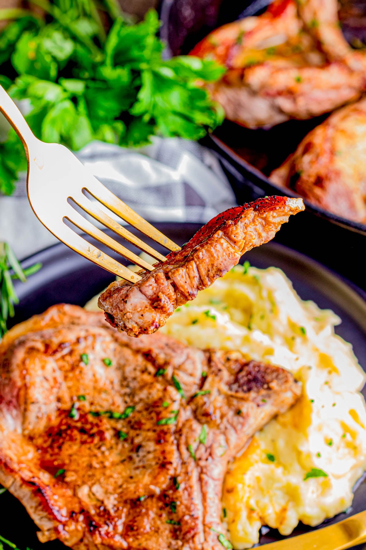 A fork holds a bite of cooked steak above a plate with steak and mashed potatoes. Fresh herbs are visible in the background.