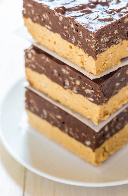Chocolate Peanut Butter Fudge Bars — Can't decide if you want PB or chocolate? Make these easy no-bake fudge bars! Chocolate + PB is sooo irresistible!!