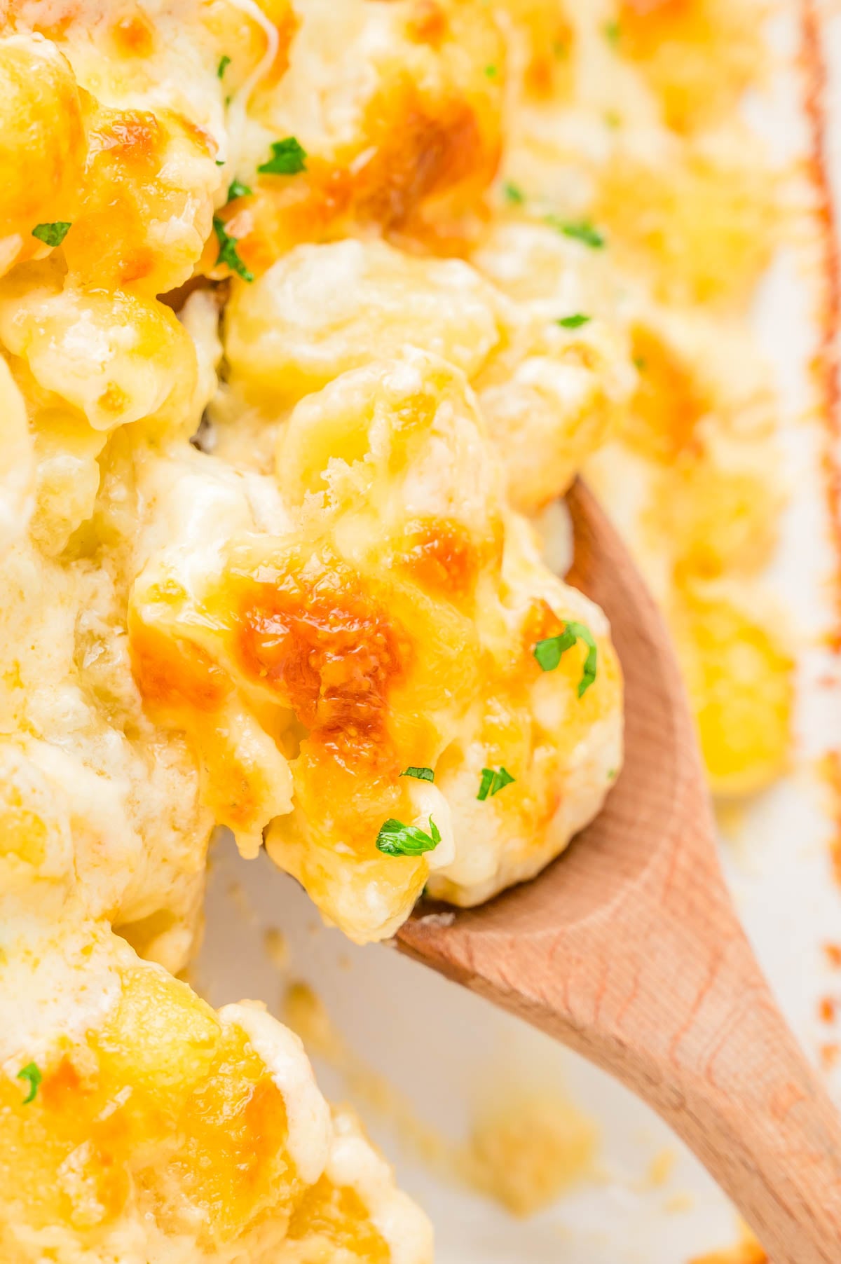A wooden spoon serving cheesy baked macaroni and cheese with a golden, bubbly top and a creamy texture.
