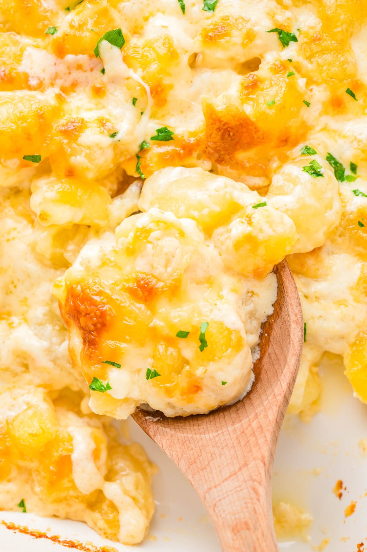 A wooden spoon scoops cheesy baked macaroni and cheese topped with melted cheddar and garnished with chopped parsley.