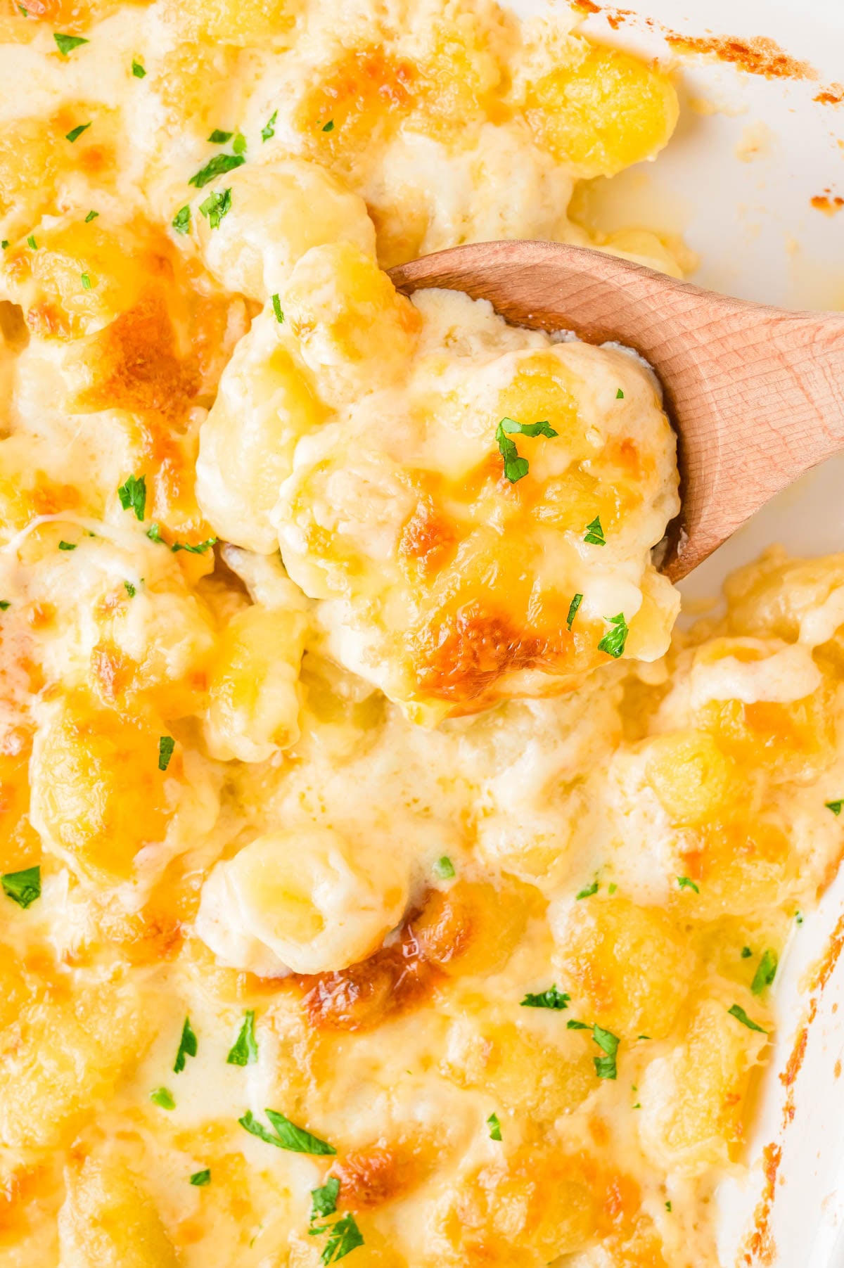 Close-up of cheesy baked gnocchi in a creamy sauce, topped with golden melted cheese and garnished with chopped parsley, served with a wooden spoon.