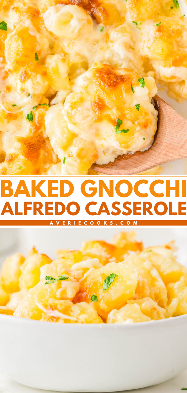 Close-up of baked gnocchi alfredo casserole, garnished with parsley, served in a wooden spoon and in a white bowl.