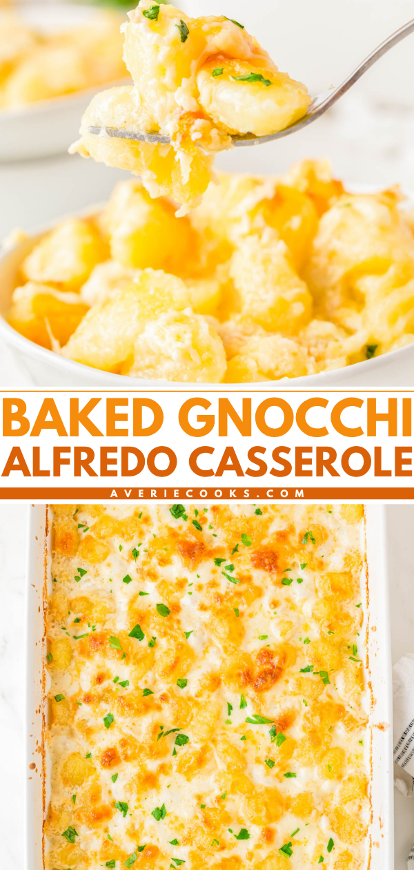 A dish of baked gnocchi Alfredo casserole topped with melted cheese and herbs, with a forkful of gnocchi held above the dish.