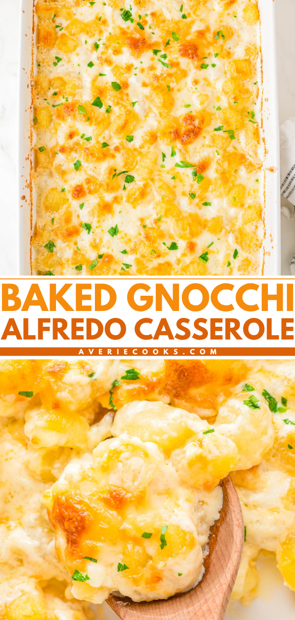 Baked gnocchi Alfredo casserole topped with melted cheese and parsley in a white dish, with a close-up of a serving on a wooden spoon.