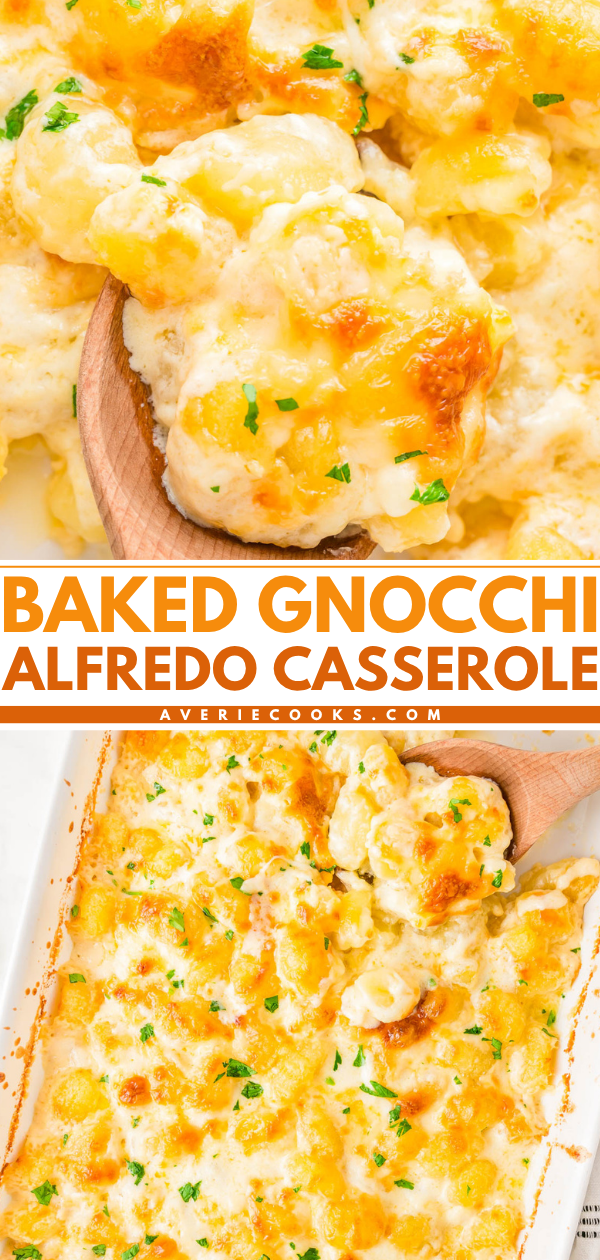 Baked gnocchi alfredo casserole in a white dish, topped with melted cheese and herbs, with a wooden spoon lifting a serving.