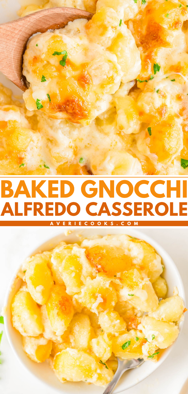 Baked gnocchi Alfredo casserole topped with melted cheese, shown being served from a casserole dish and in a white bowl.