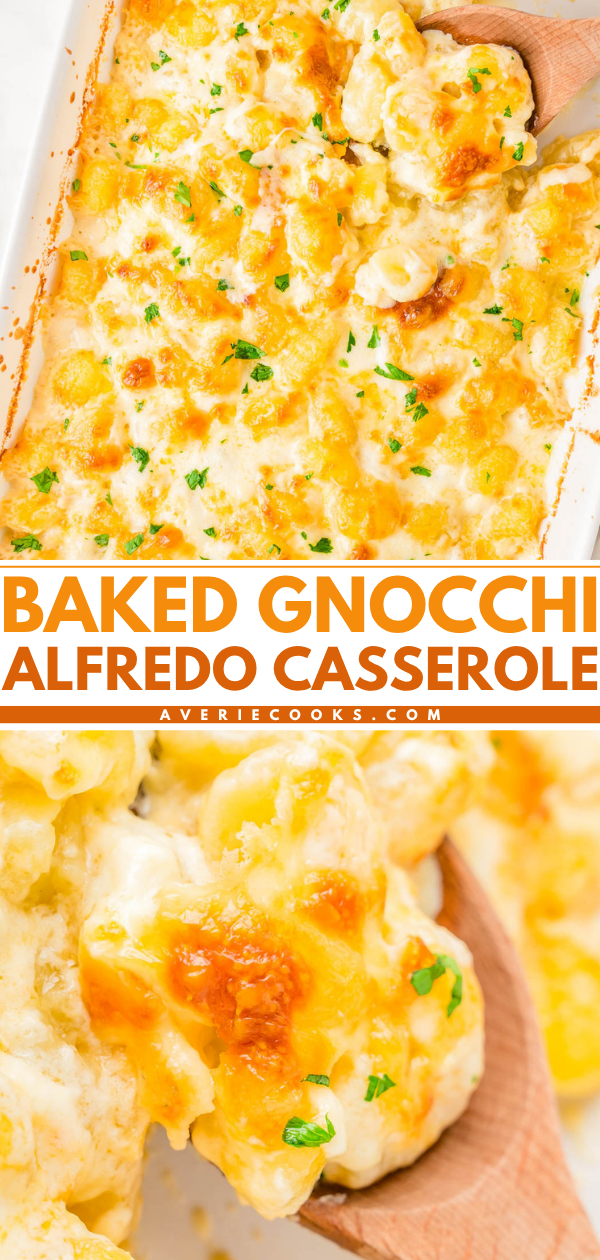 Baked gnocchi alfredo casserole in a white dish, topped with melted cheese and parsley, with a wooden spoon serving a portion.
