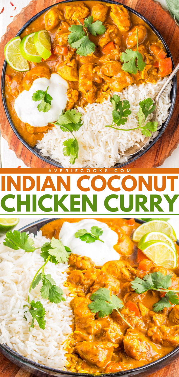 A plate of Indian coconut chicken curry with white rice, garnished with lime slices, cilantro, and two dollops of yogurt.