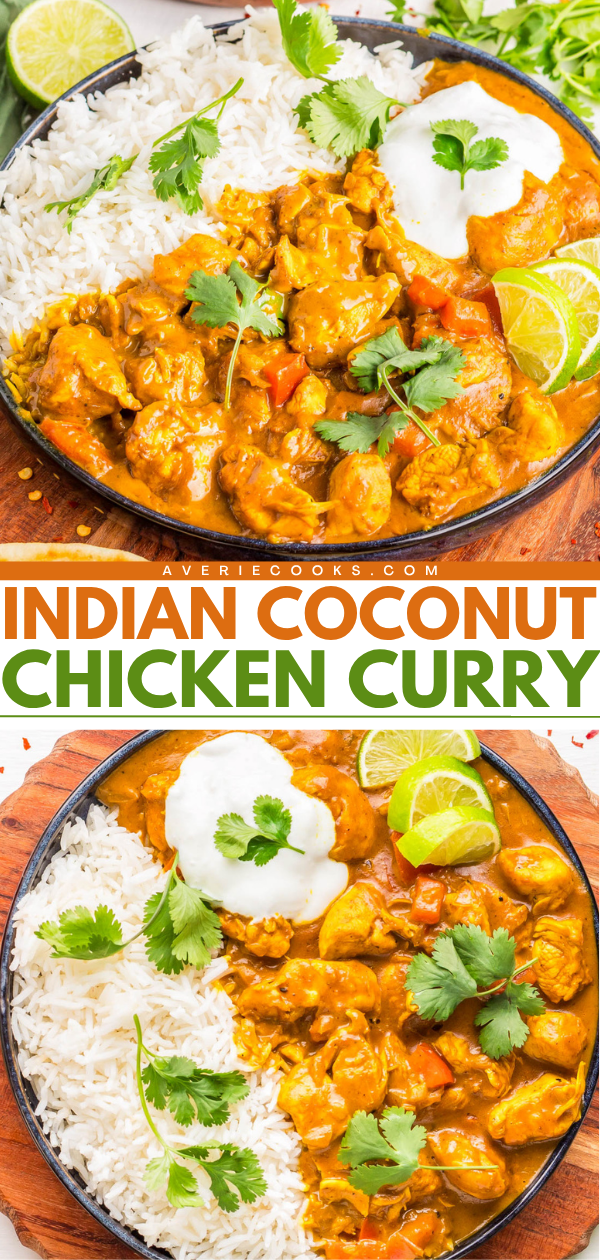A bowl of Indian coconut chicken curry garnished with cilantro, served with white rice, lime wedges, and a dollop of yogurt.