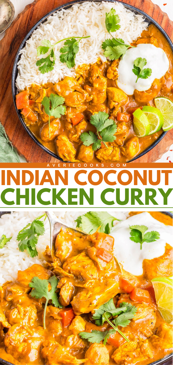 A plate of Indian coconut chicken curry with white rice, vegetables, fresh cilantro, lime wedges, and a dollop of yogurt.