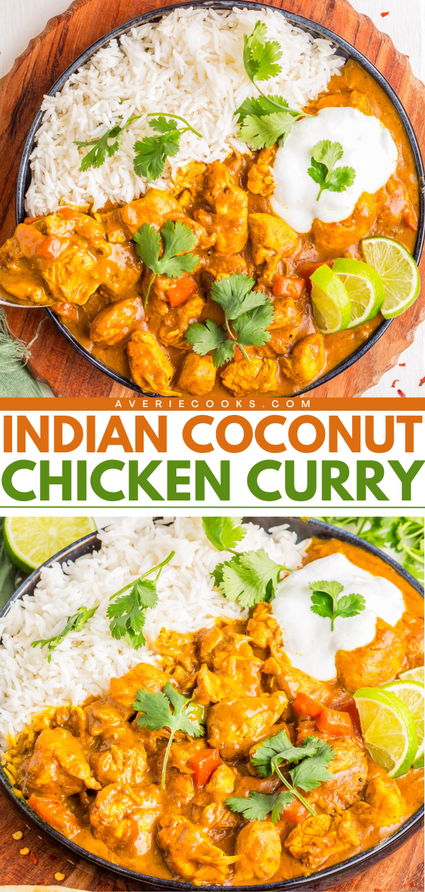 A bowl of Indian coconut chicken curry with white rice, lime wedges, fresh cilantro, and two dollops of yogurt, served on a wooden plate.