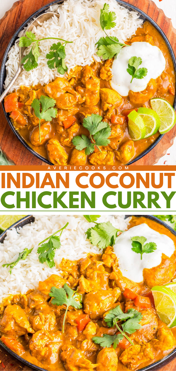 A bowl of Indian coconut chicken curry with rice, garnished with cilantro, lime slices, and a dollop of yogurt.