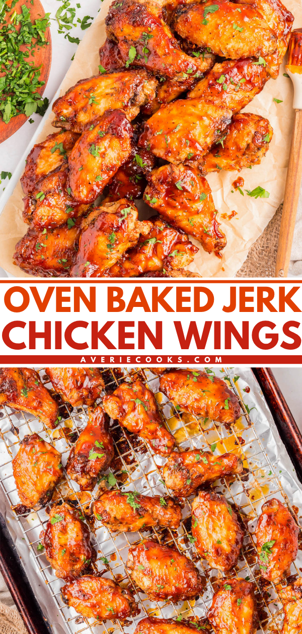 Oven-baked jerk chicken wings displayed on parchment with herbs, and on a wire rack after baking, showing a glossy, caramelized coating.
