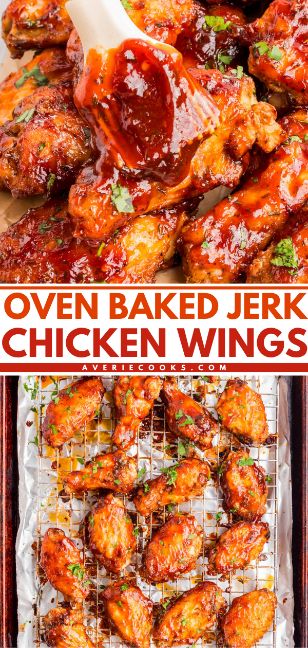 Close-up of glazed jerk chicken wings topped with herbs, shown on parchment and on a baking rack, with text reading “Oven Baked Jerk Chicken Wings averiecooks.com.”.