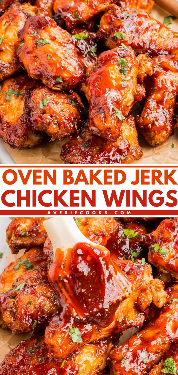 A tray of oven-baked jerk chicken wings coated in sauce, garnished with chopped herbs, with a close-up of a wing being lifted by a wooden spoon.