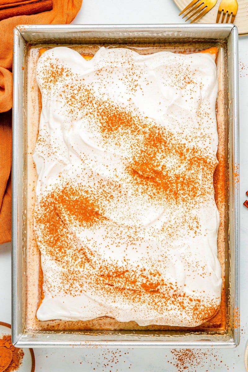 Rectangular cake in a metal pan topped with whipped cream and sprinkled with cinnamon on a white surface.
