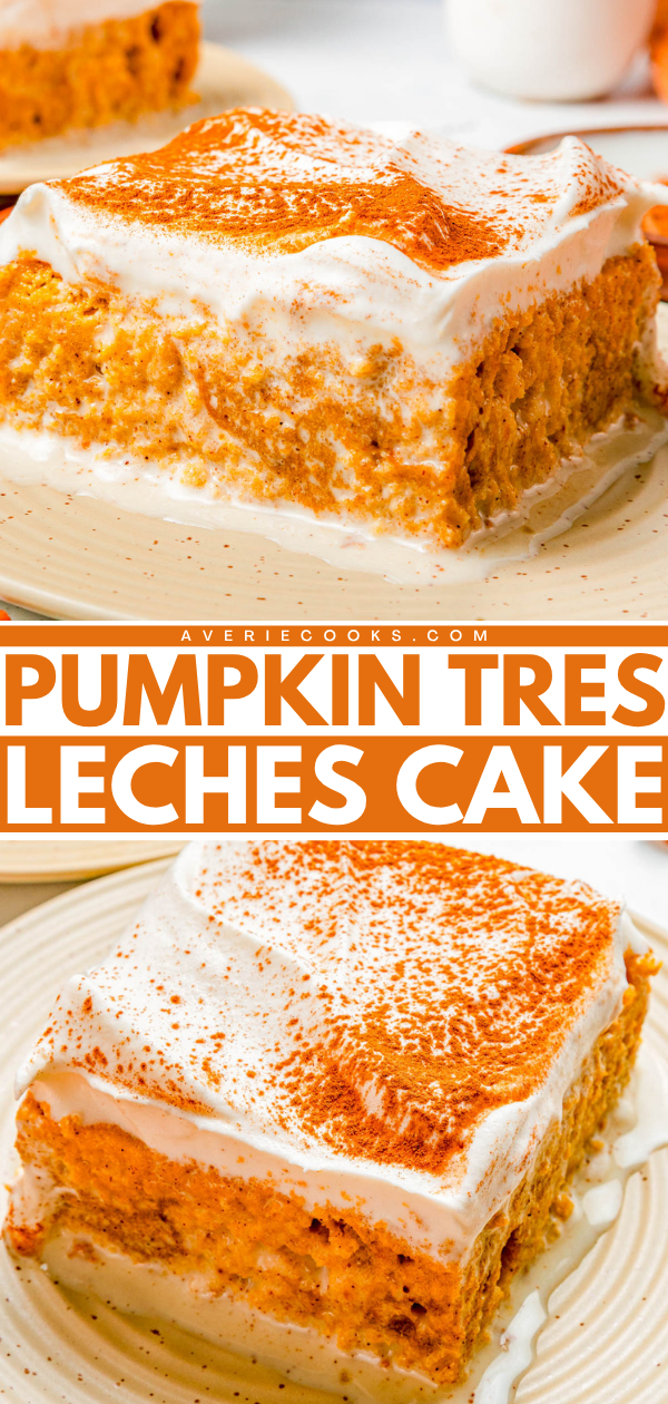 A slice of pumpkin tres leches cake topped with whipped cream and a sprinkle of cinnamon, served on a plate.