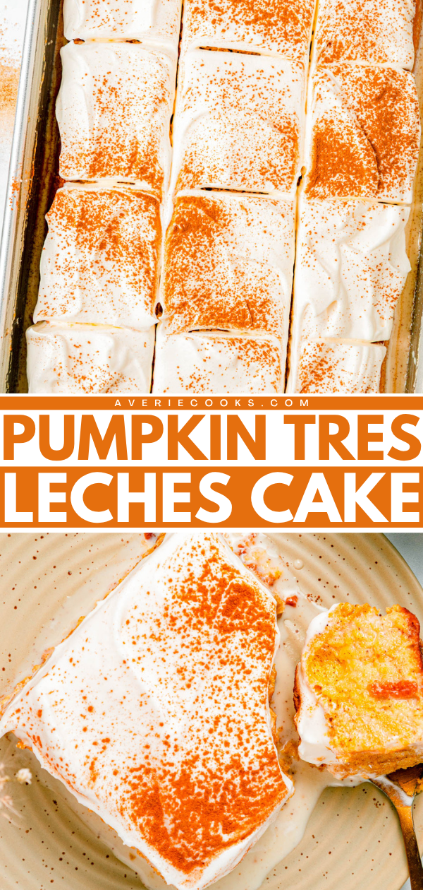 Pumpkin tres leches cake in a pan, topped with whipped cream and orange sprinkles, with a plated slice and fork beside it.