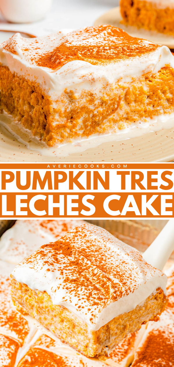 A slice of pumpkin tres leches cake with whipped topping and cinnamon, shown on a plate and being served with a spatula.