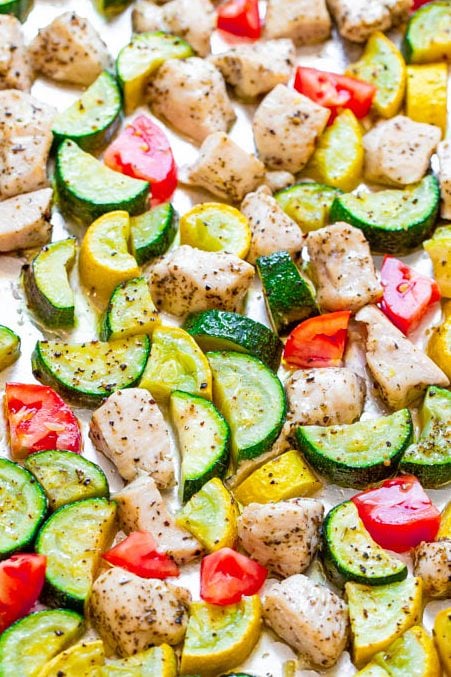 sheet pan chicken and veggies on countertop