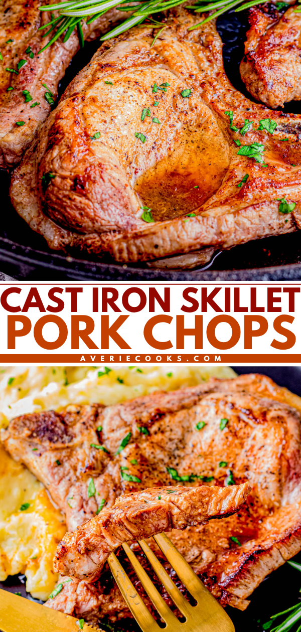 Two cooked pork chops in a cast iron skillet, garnished with herbs, and a close-up of a pork chop with a fork, served next to mashed potatoes.
