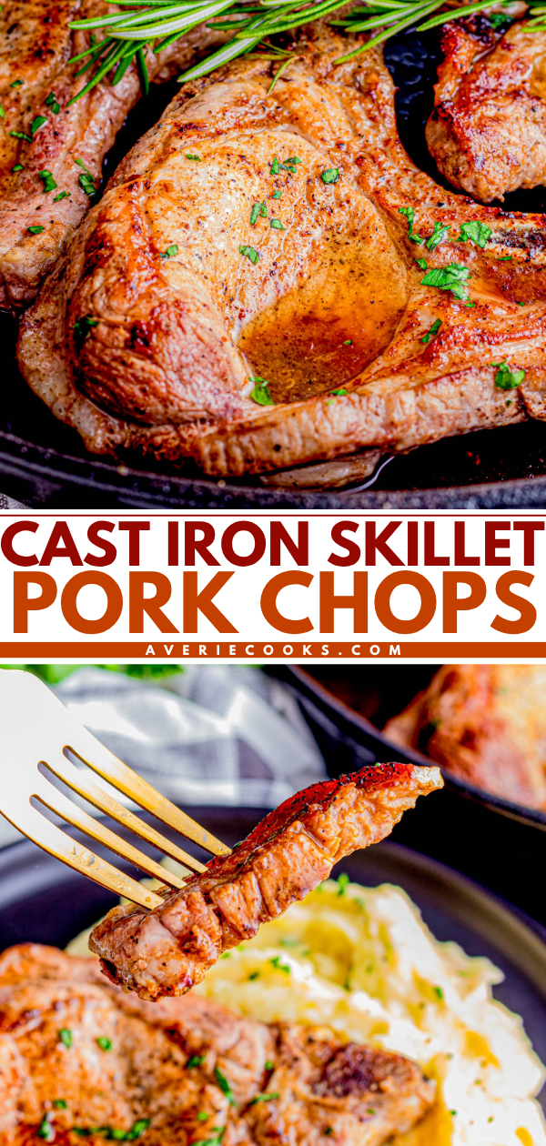 Cooked pork chops garnished with herbs in a cast iron skillet, with a fork holding a bite-sized piece above mashed potatoes.