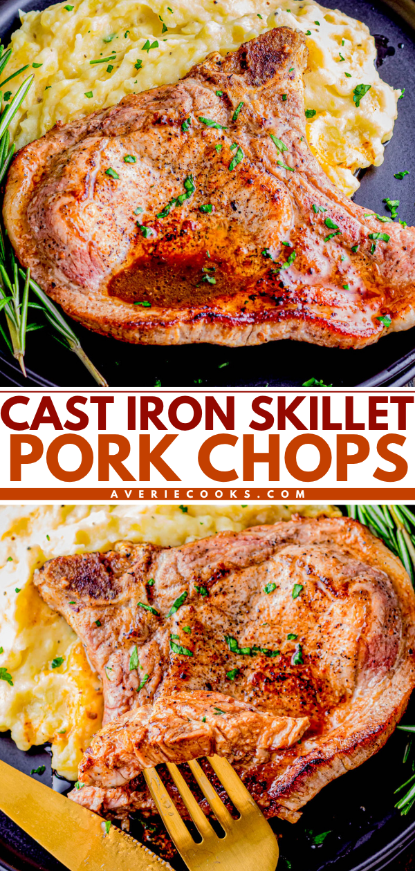 Two cooked pork chops on black plates, served with mashed potatoes and garnished with herbs, with a gold-colored fork on one plate.