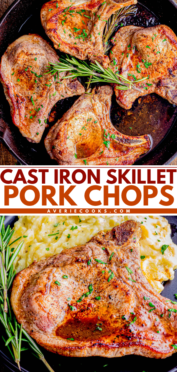 Four cooked pork chops in a cast iron skillet and a close-up of a pork chop served with mashed potatoes and garnished with rosemary.