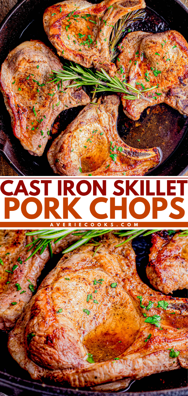 Four seasoned pork chops garnished with herbs cook in a cast iron skillet; a rosemary sprig is visible.