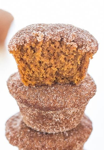stack of Cinnamon Sugar Mini Pumpkin Muffins