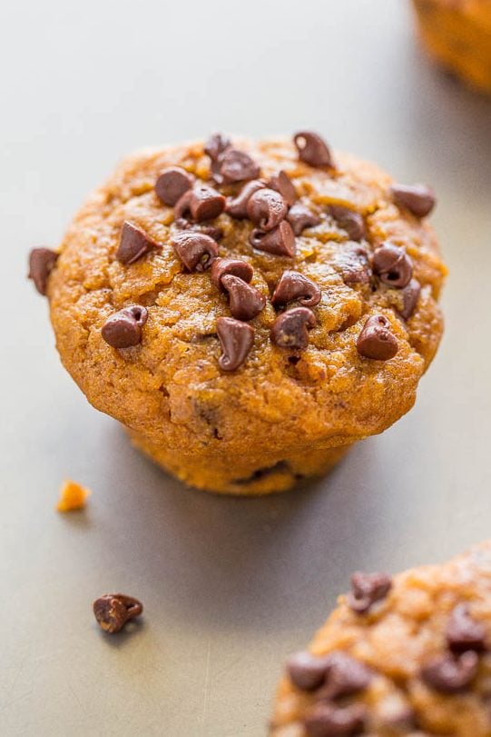 Mini Pumpkin Chocolate Chip Muffins — Easy, no mixer recipe for the SOFTEST, moistest, most ADORABLE little muffins ever!! Rich PUMPKIN flavor and CHOCOLATE in every bite!!