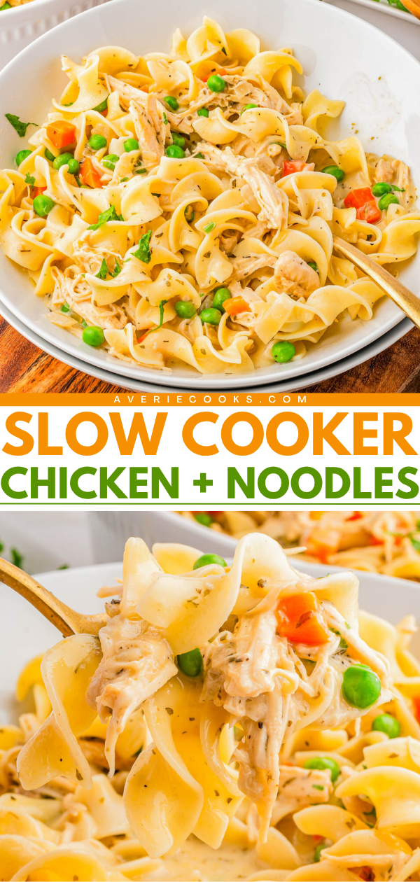 Bowl of slow cooker chicken and noodles with peas and carrots, shown with a fork and close-up of tender noodles and shredded chicken.