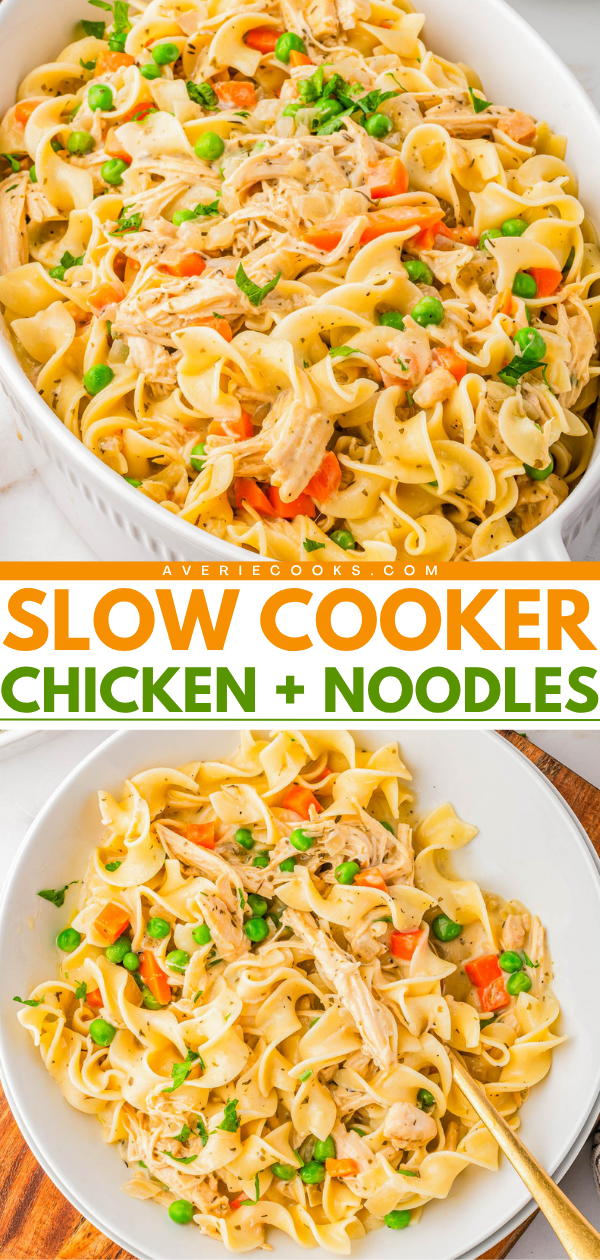 Shredded chicken, egg noodles, peas, and carrots mixed together in a white dish and served on a plate; labeled “Slow Cooker Chicken + Noodles.”.