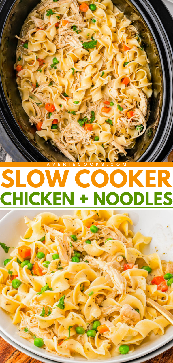 Chicken, egg noodles, peas, and carrots are mixed in a slow cooker and served on a white plate, showing a creamy chicken and noodle dish with vegetables.